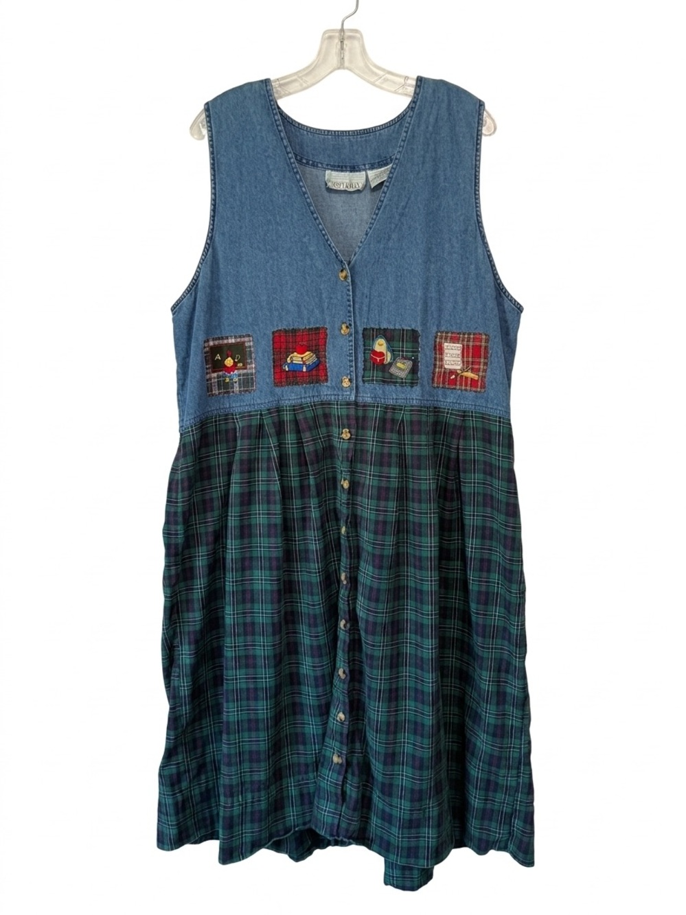 Vintage Casey & Max Denim Plaid Jumper Dress XL School Teacher Cottagecore Maxi
